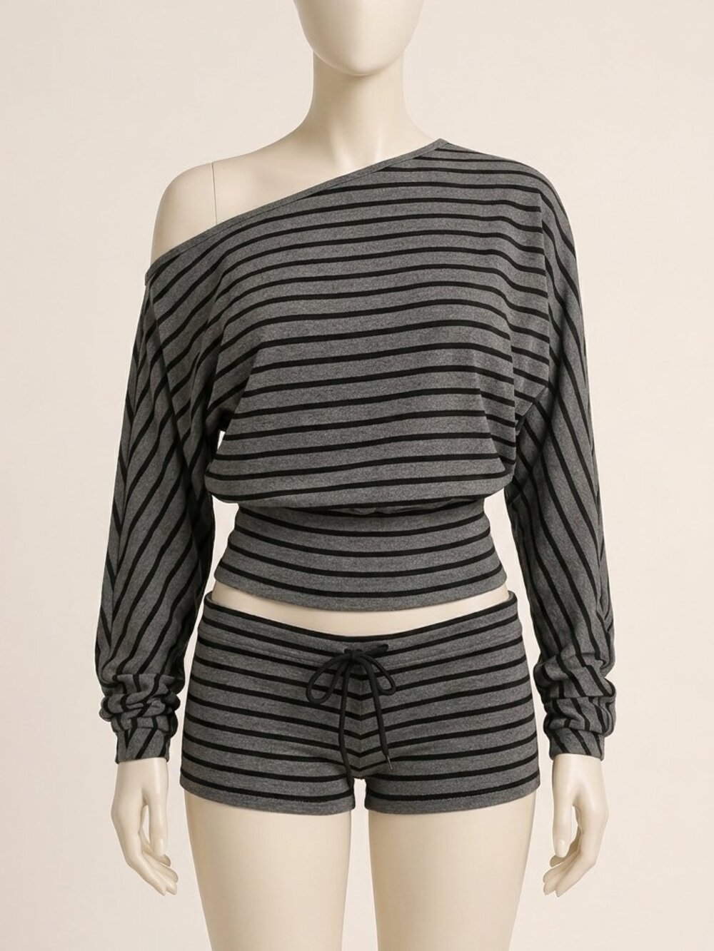 NiceForWhat Gray Black One Shoulder Top Shorts Set M Striped Knit Lounge
